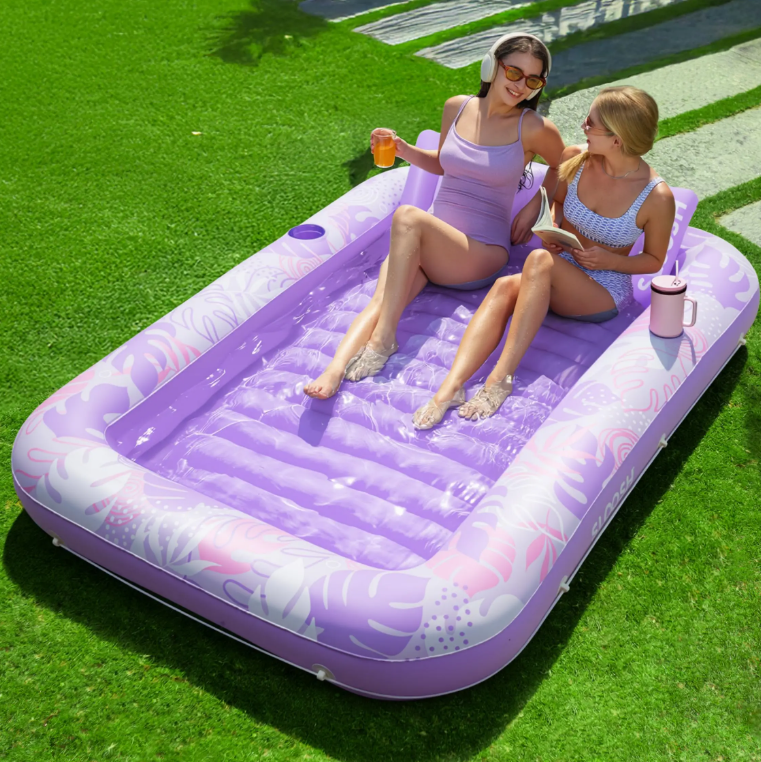 Sloosh L & XL Inflatable Tanning Pool Float with Cup Holder and Pillow, Extra Large Adult Water Lounge in 70×46 Inch / 85×57 Inch, 4-in-1 Blow Up Raft, Multi-use as Sunbathing Bed, Kids Ball Pit, Inflatable Sofa, Perfect Summer Pool Party Present