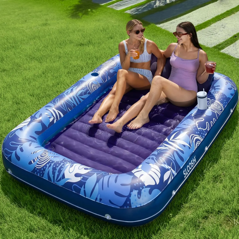 Sloosh L & XL Inflatable Tanning Pool Float with Cup Holder and Pillow, Extra Large Adult Water Lounge in 70×46 Inch / 85×57 Inch, 4-in-1 Blow Up Raft, Multi-use as Sunbathing Bed, Kids Ball Pit, Inflatable Sofa, Perfect Summer Pool Party Present