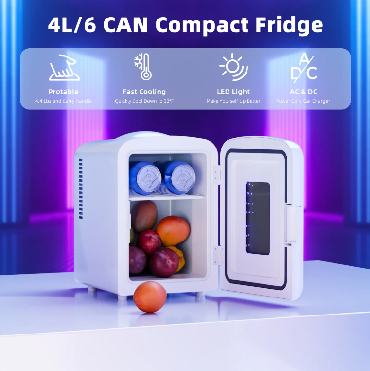 4L Compact Mini Refrigerator Featuring Gaming Light | 6-Capacity Portable Cooler for Bedroom, Car, Office & Dorm, Stores Cosmetics, Drinks & Food. Important Notice: Inner temperature is affected by surrounding ambient temperature.