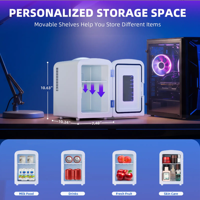 4L Compact Mini Refrigerator Featuring Gaming Light | 6-Capacity Portable Cooler for Bedroom, Car, Office & Dorm, Stores Cosmetics, Drinks & Food. Important Notice: Inner temperature is affected by surrounding ambient temperature.
