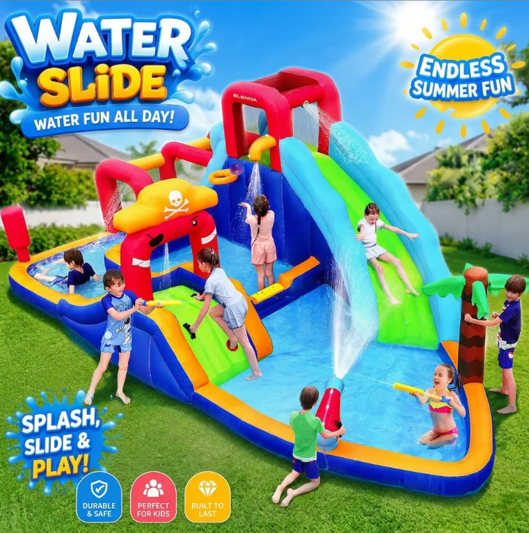 Inflatable Water Slide Bounce House with Splash Pool — Large Backyard Water Park for Kids