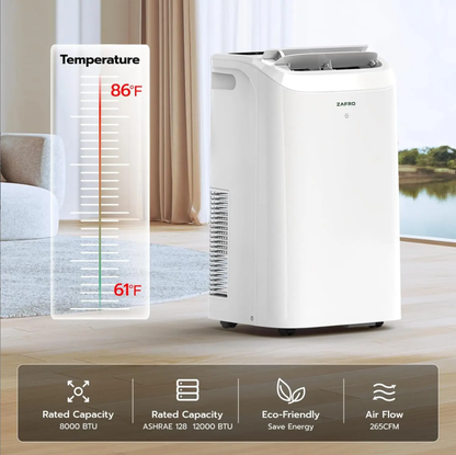ZAFRO Portable Air Conditioner — 10K–14K BTU, WiFi, Ultra-Quiet 44dB, No Drainage, R32 Eco-Friendly